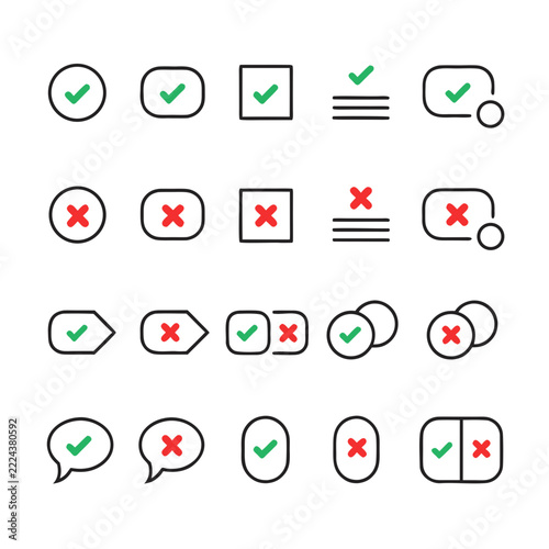 Positive Green Check and Negative Red X Symbols icons set for Correct Wrong Answer, Yes No Choice and Decision Making Comparison Concept vector file