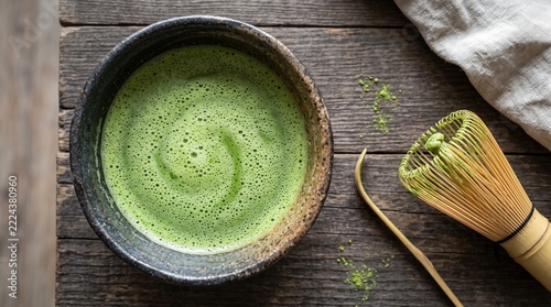 Matcha tea in a bowl with whisk and spoon