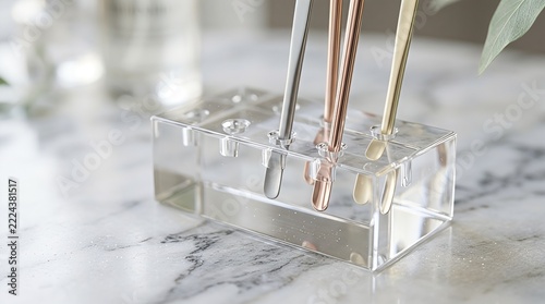 Metallic cosmetic spatulas in a clear acrylic holder on a marble countertop.