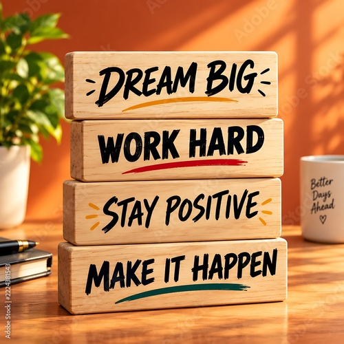 Stack of wooden blocks with motivational quotes for success and personal growth