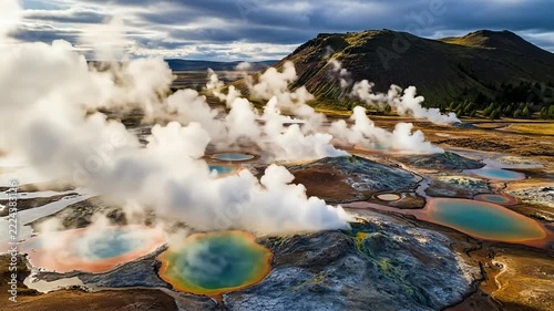 Aerial view of geothermal hot springs in Icelandic landscape