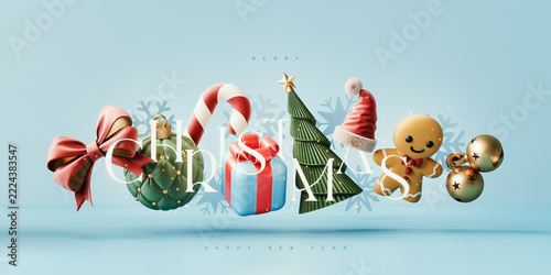 Christmas decoration with Merry Christmas text on blue background. Creative Christmas greeting card design. 3D Rendering, 3D Illustration