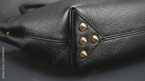Gold metal cone feet on black pebbled leather handbag corner.