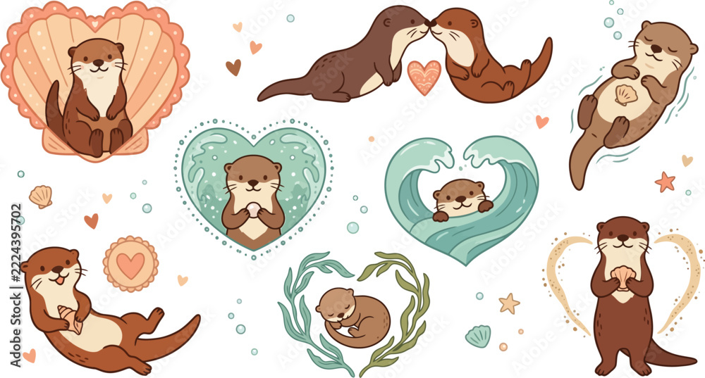 Fototapeta premium Set of cute cartoon otters in love with hearts and shells for romantic designs.