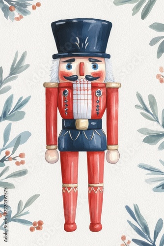 A watercolor painting of a traditional red and blue nutcracker soldier surrounded by leafy branches with red berries on a textured background.