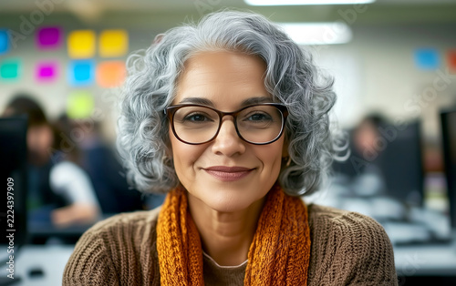 Portrait of a confident senior woman with grey curly hair and glasses