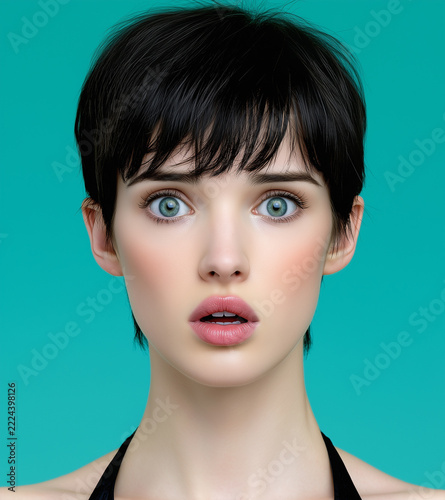 Surprised young woman with short pixie hair and green eyes