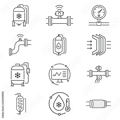 Premium Cryogenic Liquid Hydrogen Fuel Storage And Advanced Smart Thermal Insulation Pipeline Line Vector Icon Set
