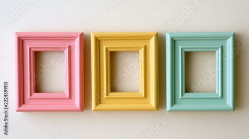 Colorful empty picture frame set in pink, yellow, and blue hanging on white wall, bright decorative interior design element