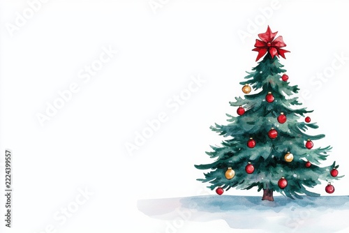 A decorated Christmas tree with red and gold baubles and a red star on top, standing on a snowy ground against a white background.