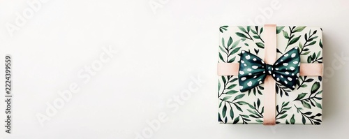 A small gift box wrapped in white paper with green leaf patterns, tied with a peach ribbon and decorated with a dark green bow with white polka dots.