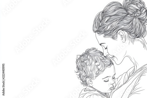 A tender black-and-white line drawing depicts a mother lovingly holding her sleeping child close to her chest.