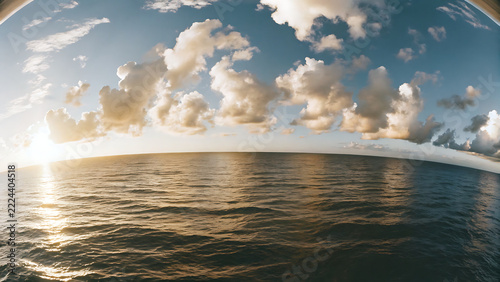 Panoramic equirectangular view of sunset over ocean with clouds and