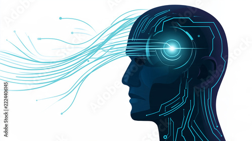 AI Brain Power: A stylized illustration depicts a human head profile infused with artificial intelligence, circuit patterns, and glowing digital streams.
