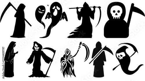 Fotografie Set of black silhouettes featuring grim reapers with scythes and spooky ghost ch