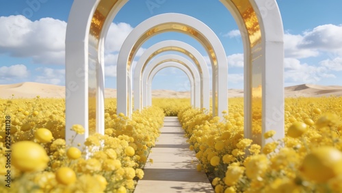 White golden arches pathway through yellow flower field.