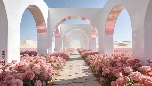 White arches in pink rose field with stone path under clear blue sky.