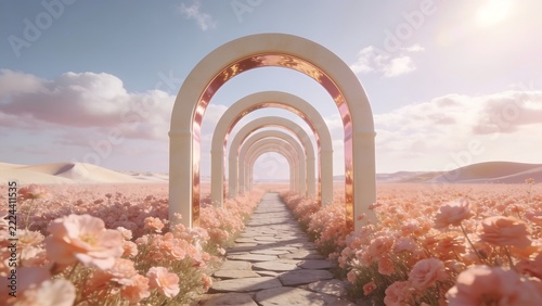 Path with arches in pink flower field under pastel sky for dreamy background.