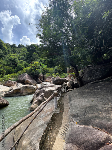 Rocky trail beside a flowing river in a tropical forest