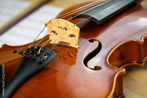 Obraz na plátně Wooden bridge and strings rise above the f hole of a polished violin in close up