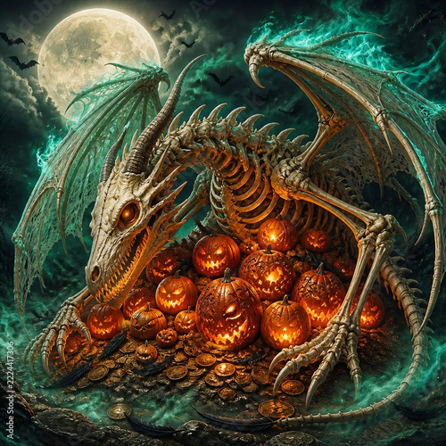 Fantasy skeleton dragon with glowing pumpkins and gold treasure on Halloween