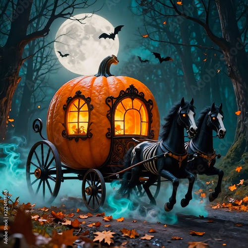 Spooky Halloween pumpkin carriage pulled by skeleton horses under full moon