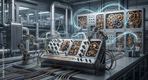 Retro Futuristic Modular Synthesizer Panel with Vacuum Tubes and Wiring