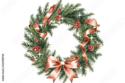 Christmas wreath decorating pine branches with ribbon and pine cones