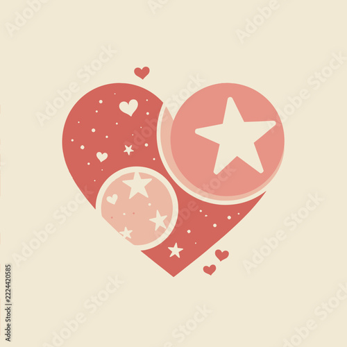 Pink and red heart shape with star elements on beige background