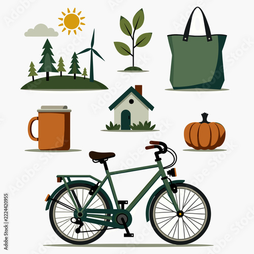 Eco friendly lifestyle sticker set with bicycle wind turbine and tote bag