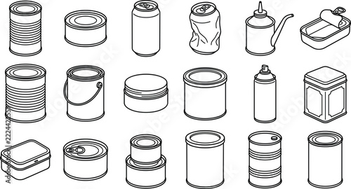Minimalist metal tin can outline icons set for food grocery packaging industrial lubricant storage marketplace website vector illustration template