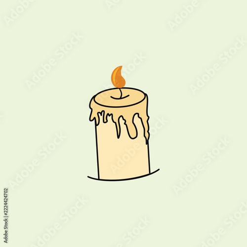 Cute graphic illustration of a burning wax candle with dripping wax and flame. Ideal decorative design element for relaxation, spa, interior, and mobile app UI design.
