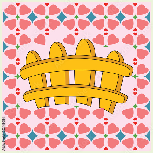 Cute graphic illustration of a yellow wooden picket fence over a light pink seamless background decorated with heart tile patterns. Ideal design element for decor.
