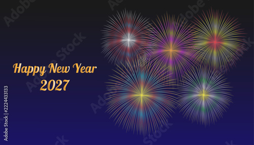 Happy new year 2027 banner template with golden typography and colorful fireworks burst on dark gradient background vector illustration
