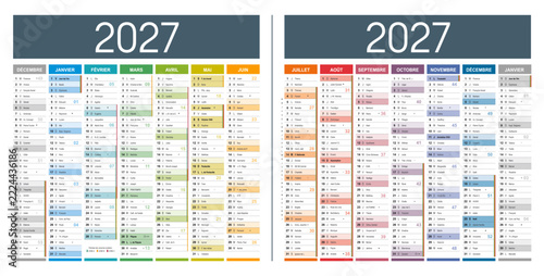 Calendrier Français 2027 modifiable vectoriel, grand format France, textes en Arial, éditables et vectorisés. Modèle personnalisable pour bureau.
