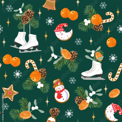 Christmas seamless pattern on a dark green background featuring white ice skates, gingerbread cookies, tangerines, pine branches with pinecones and snowflakes. Ideal for festive wrapping paper, textil