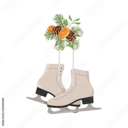 Festive winter vector illustration of white figure ice skates hanging with Christmas decoration of pine branches, pinecones, dried orange slices, and mistletoe. 