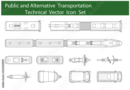 Transportation technical vector icon set displays public and alternative vehicles clearly.