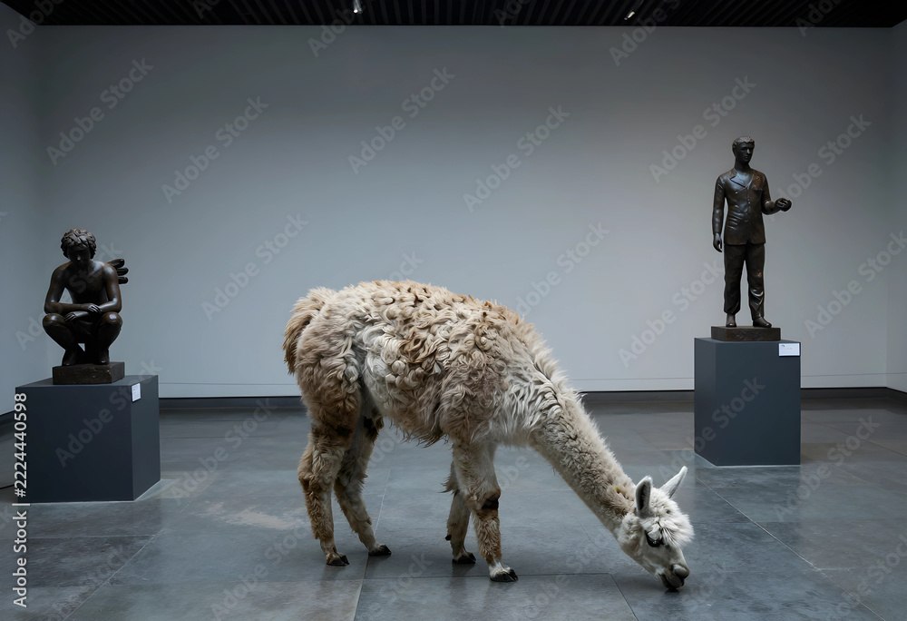 Naklejka premium Surreal art concept, llama standing in a modern art gallery between bronze sculptures, unexpected juxtaposition of nature and fine art in museum