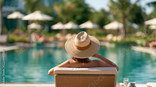 Young Asian Woman Relaxing by an Outdoor Swimming Pool at a Luxury Hotel Resort