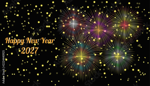 Happy new year 2027 banner background with golden stars glowing dots and colorful fireworks vector illustration