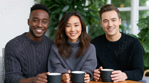 Three smiling friends holding black mugs together in a bright indoor setting with greenery, diverse young adults in knit sweaters, horizontal lifestyle portrait