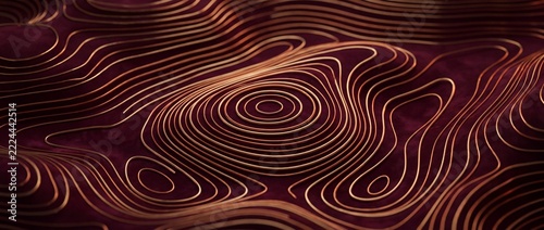 A mesmerizing abstract 3D render of concentric, undulating golden lines flowing across a deep crimson textured surface, creating a topographic map-like visual with a sense of depth and elegance.