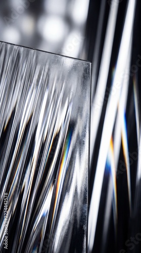 A textured glass surface refracts light, creating a mesmerizing interplay of shadows and prismatic colors.