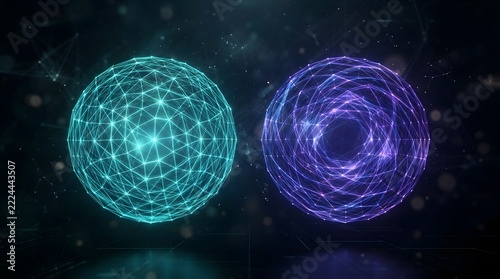 Glowing cyan and purple digital spheres with connected network nodes