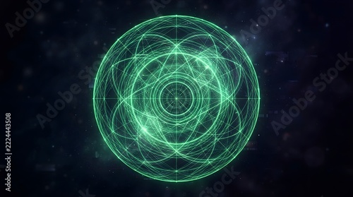 Glowing green digital sphere with abstract geometric light patterns