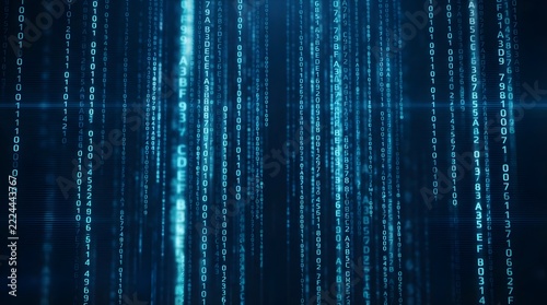 Blue digital binary code falling down on dark background representing