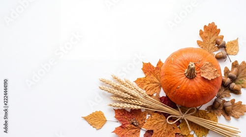 Orange pumpkin with wheat and autumn leaves on white background corner