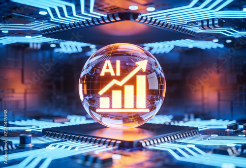 AI growth graph inside glowing glass orb on blue computer chip circuitry background with light trails 3D render