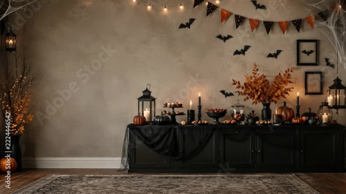 Halloween buffet table decorated with pumpkins, bats and autumn foliage. Seasonal party decor and festive celebration. Elegant indoor event setup with copy space.